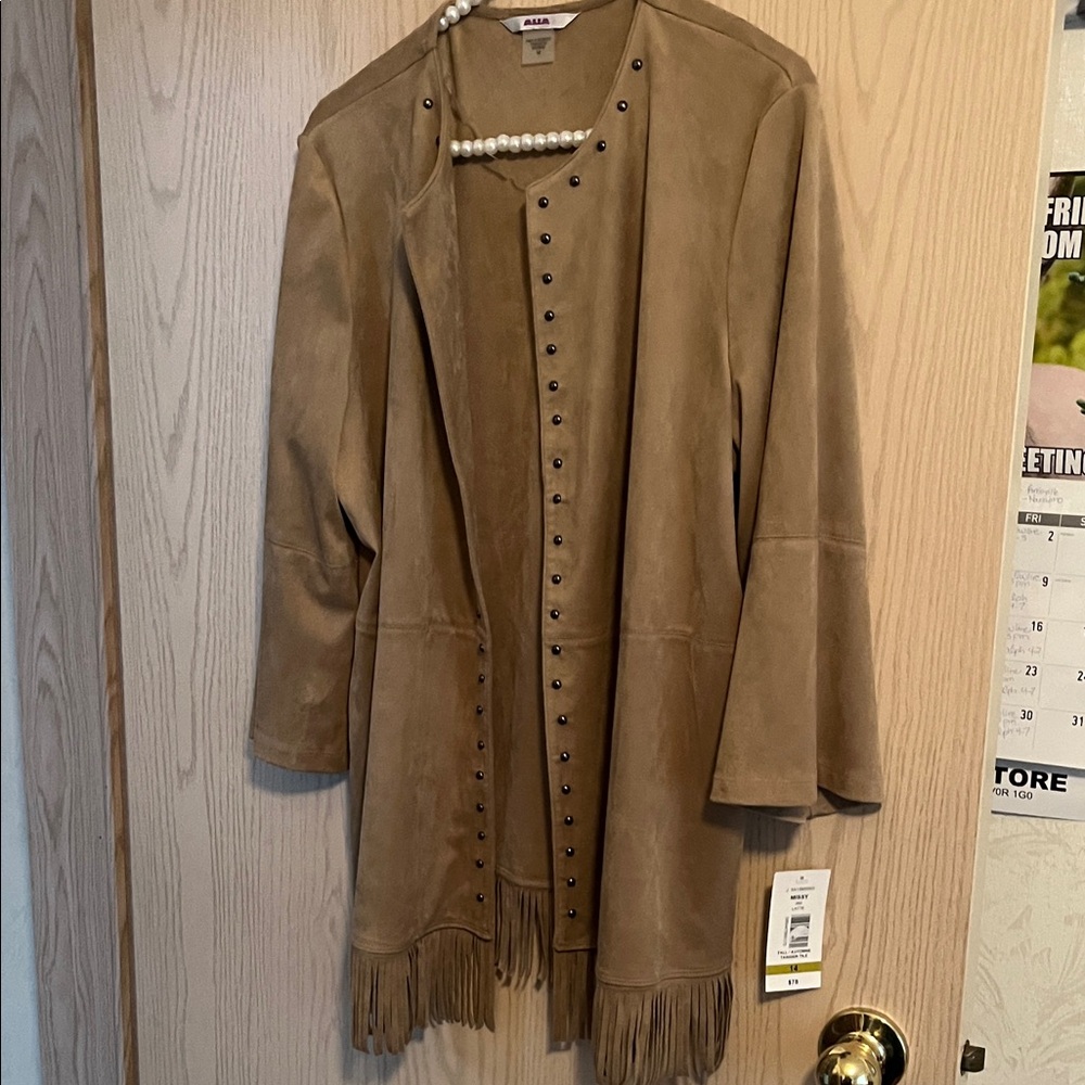 2/$25 Alia Tan Suede Fringe Open Front Jacket with Stud Detail